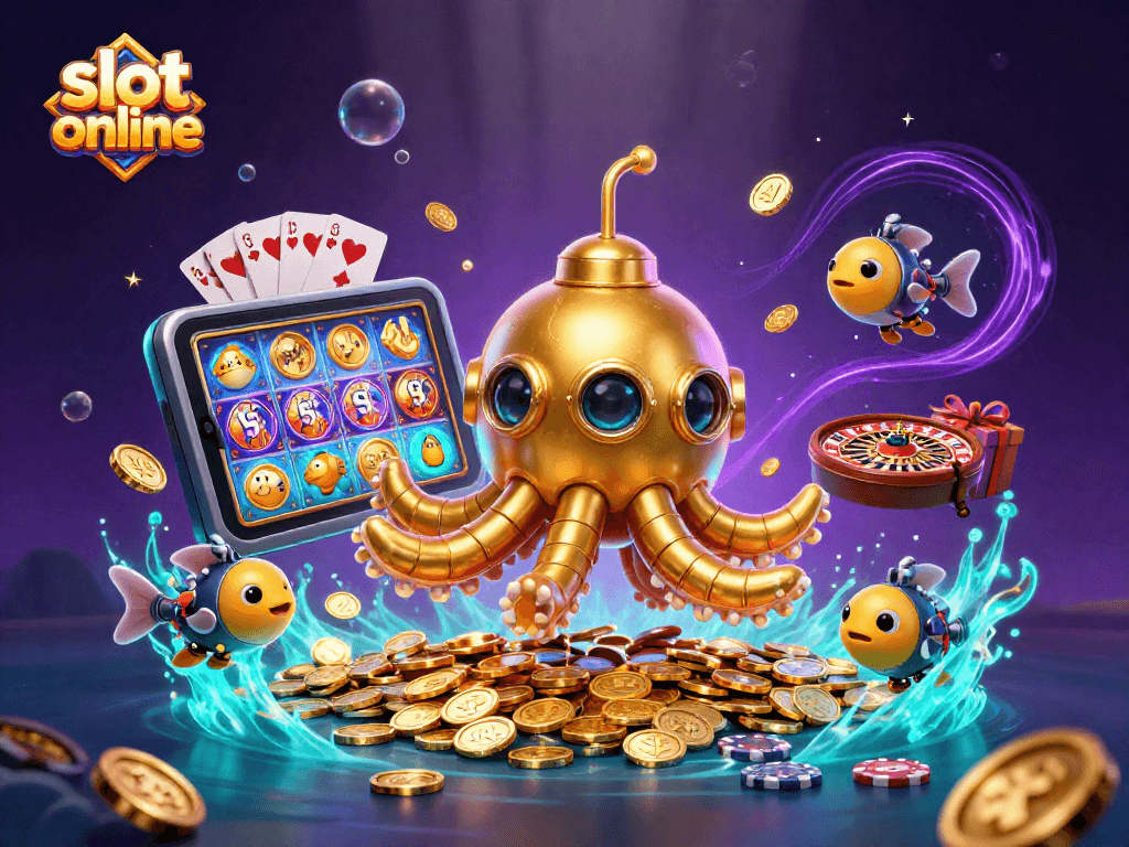 Experience exciting slot online games with a vibrant 3D scene featuring a kraken submarine amidst golden coins.
