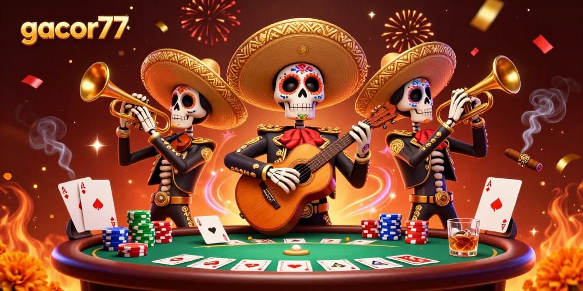Mengalami sensasi judi di gacor77 dengan band mariachi tengkorak meriah dan poker yang penuh warna