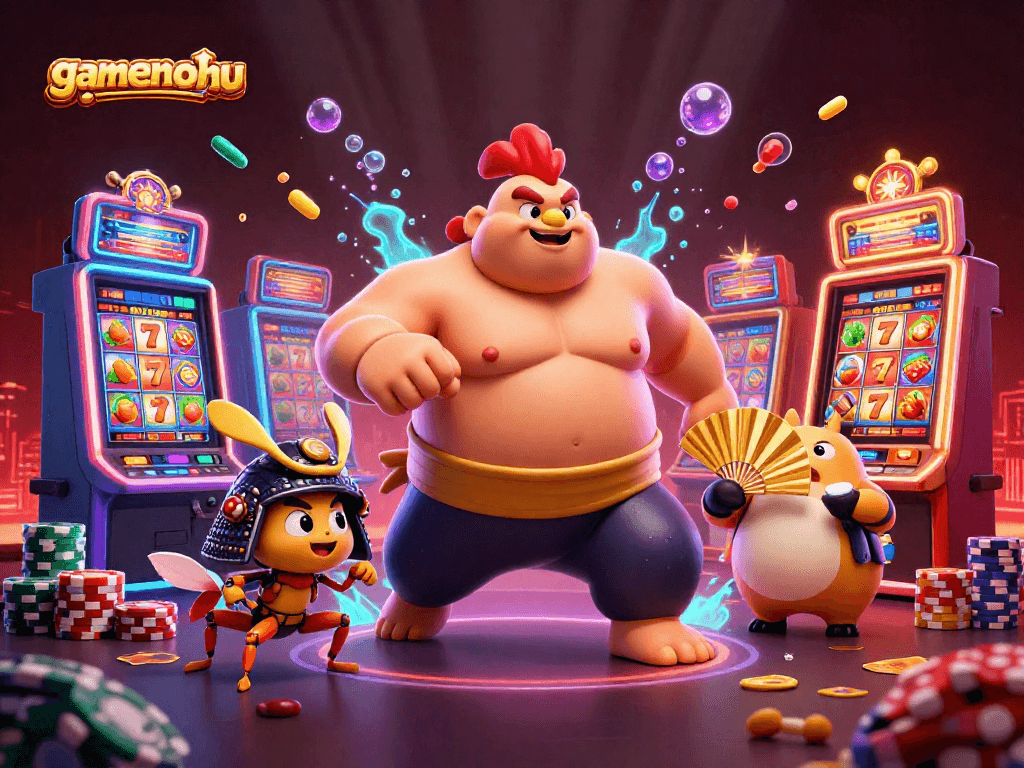 Engage in exciting slot gameplay at gamenohu with dynamic 3D illustration featuring rich casino elements.