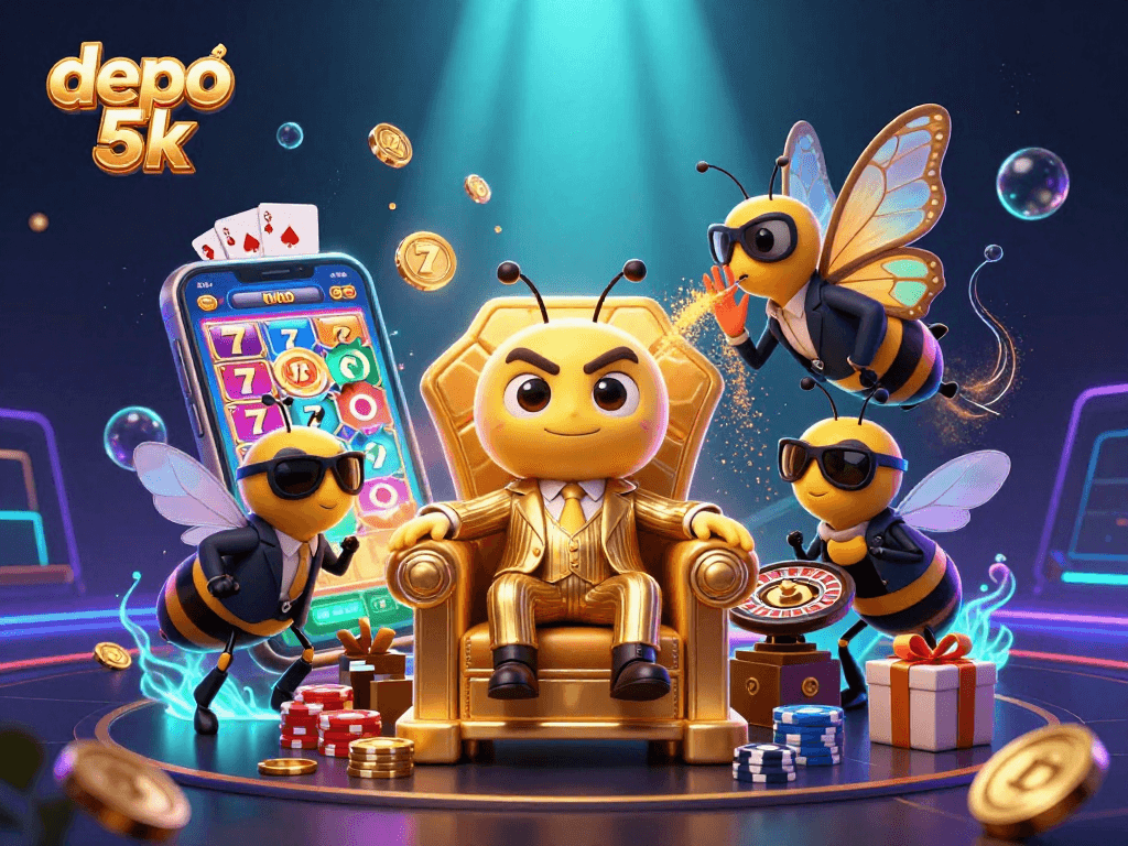 Experience the excitement of depo 5k with dynamic slot games and cash prizes in this vibrant illustration.