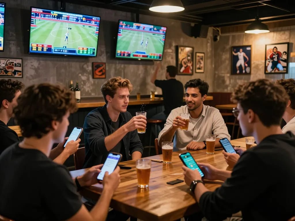 kp88 sports betting scene with excited players engaging over smartphones and large screens displaying odds