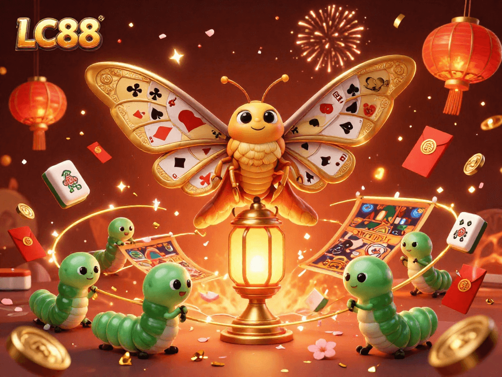 Spin the luck with LC88 while enjoying vibrant casino scenes portrayed by a 3D atlas moth and golden lanterns.