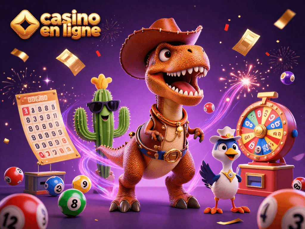 Gagnez au casino en ligne avec une illustration dynamique d'un T-Rex, cactus et roadrunner.