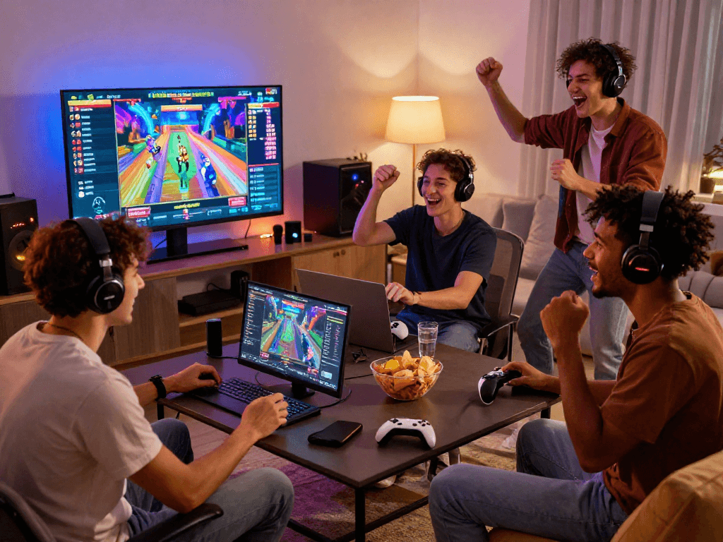 Friends enjoying online gaming on Raja328 platform with vibrant graphics