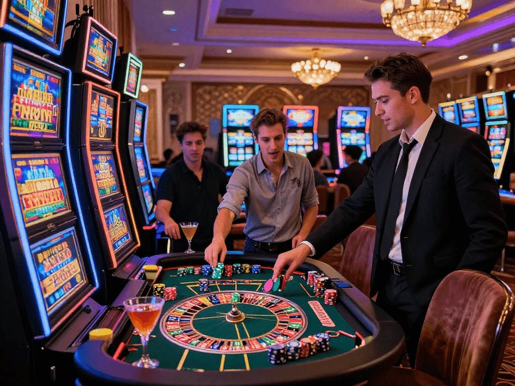 Les joueurs s'engagent dans un casino en ligne vibrant avec des lumières néon et une ambiance palpitante.