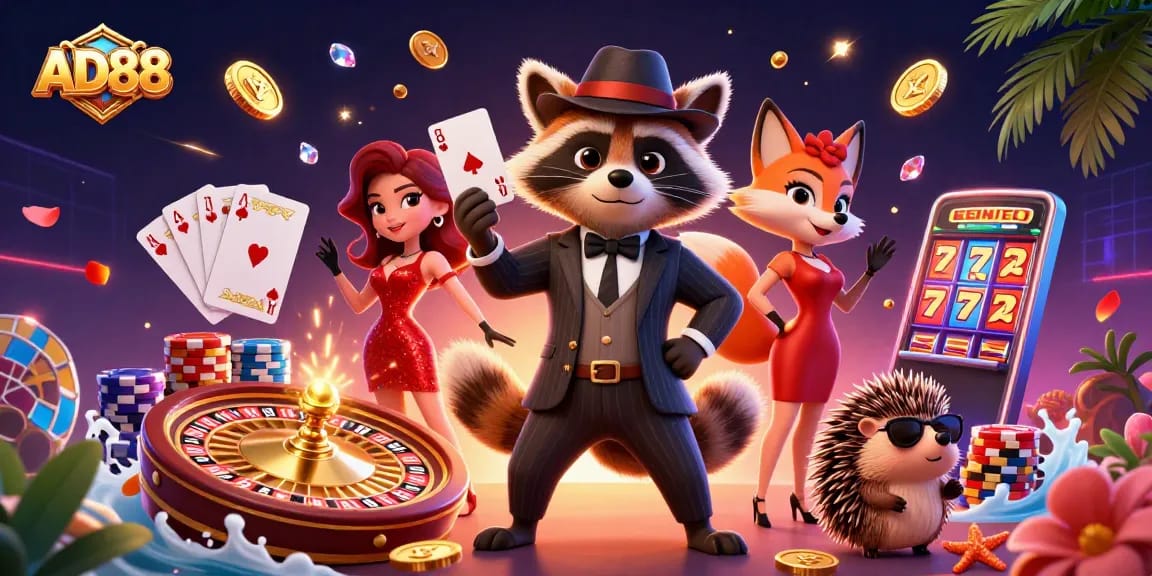 Experience thrilling wins at AD88 with a colorful 3D casino scene full of excitement and classic gambling elements.