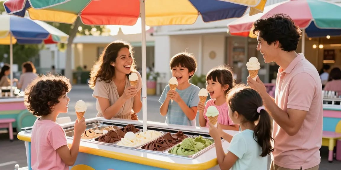 Family enjoying rokok88 ice cream flavors in a vibrant outdoor parlor setting.