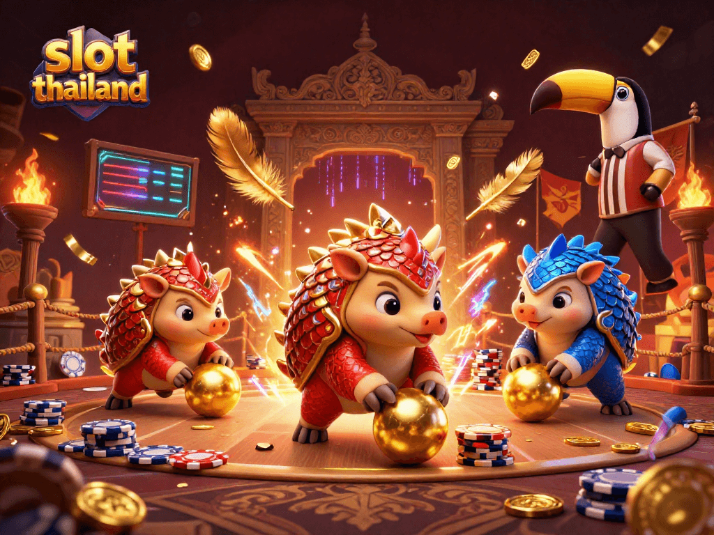 Enjoy a thrilling game scene as pangolins roll into golden balls in the vibrant slot thailand arena.