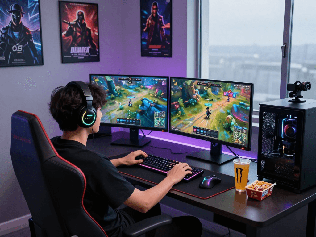 Engaging gamer using raja328 link in a vibrant gaming setup with dynamic visuals.