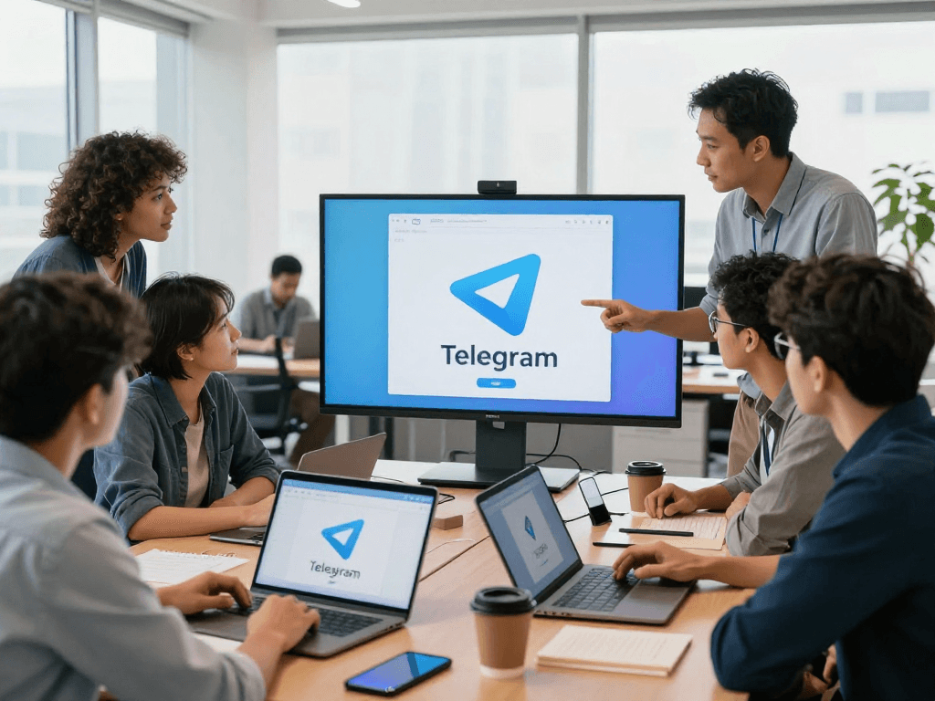 Telegram下载界面展示在现代办公室中的团队协作场景，突显协作通信的便利性。