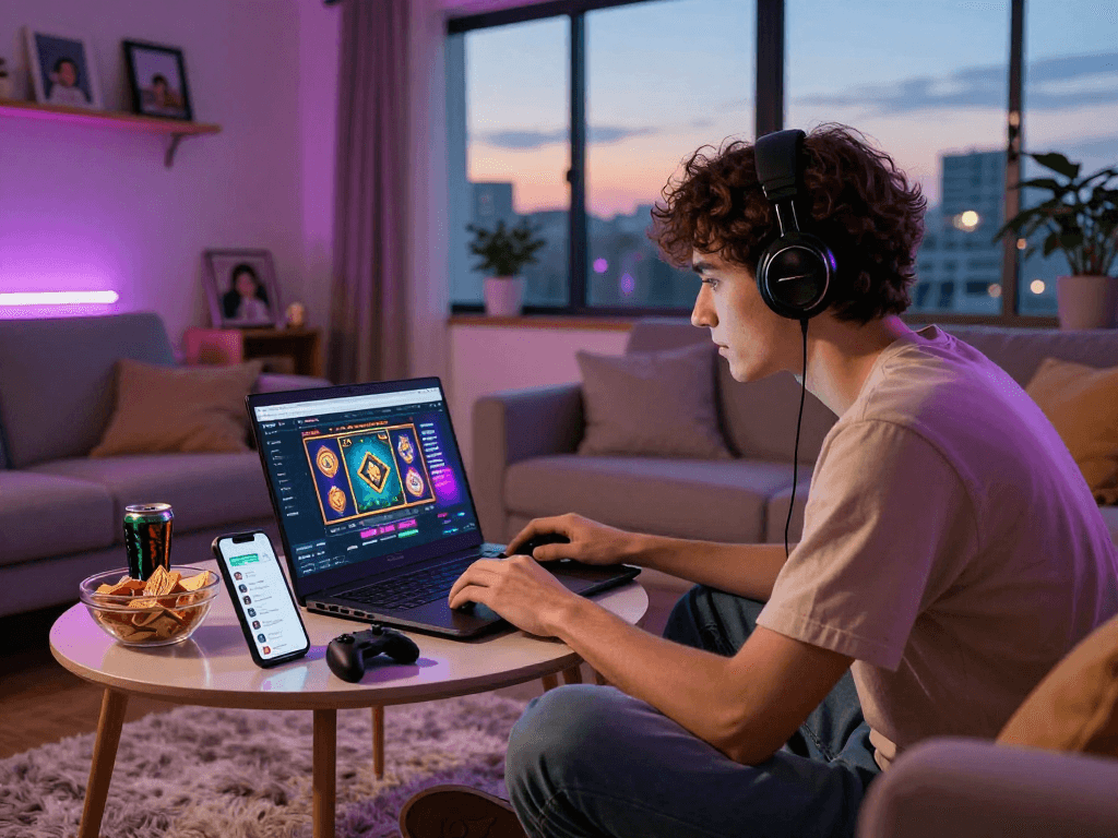 Player enjoying GACORBOS88 online slots in a cozy living room.