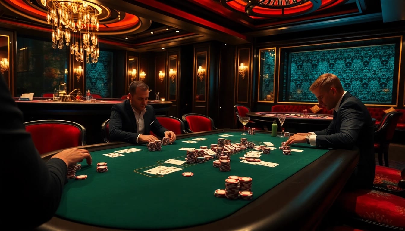 Experience high-stakes gambling action at Luongson's luxurious poker table with vibrant chips.