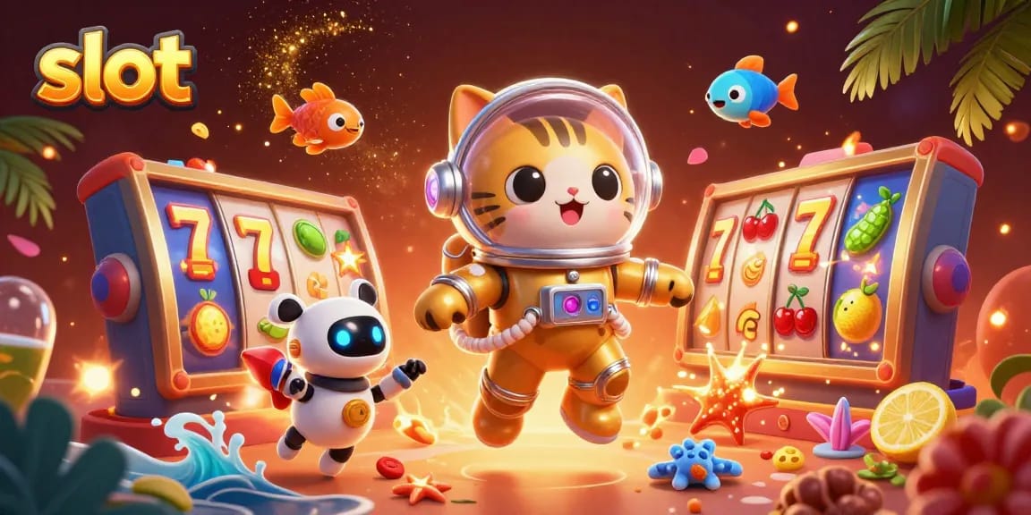 Spin the vibrant slot reels with a playful astronaut cat in a 3D casino wonderland.