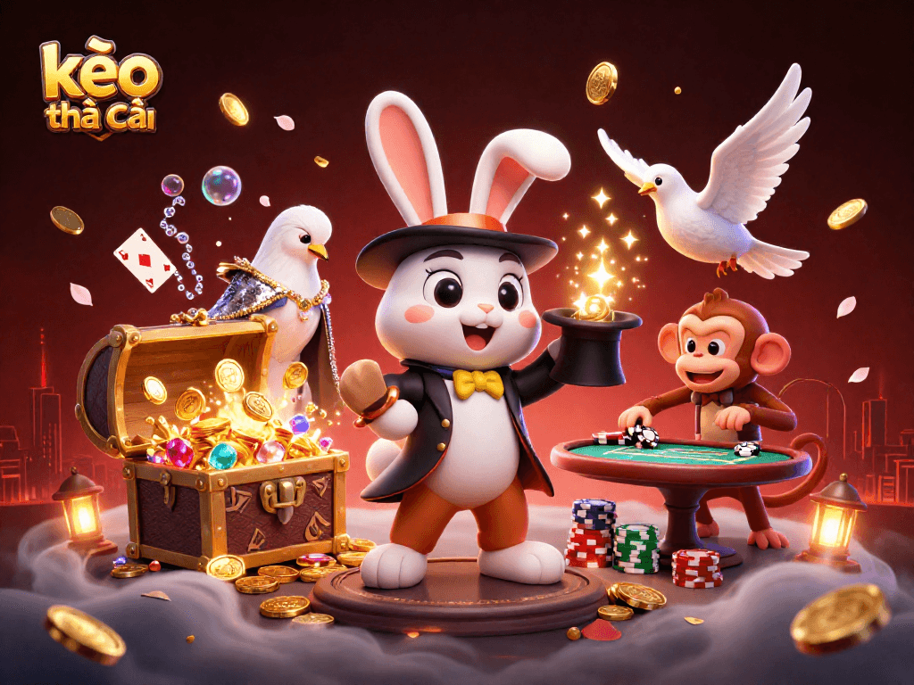 Engage in thrilling gaming action with kèo nhà cái amidst a vibrant 3D casino world of magic and excitement