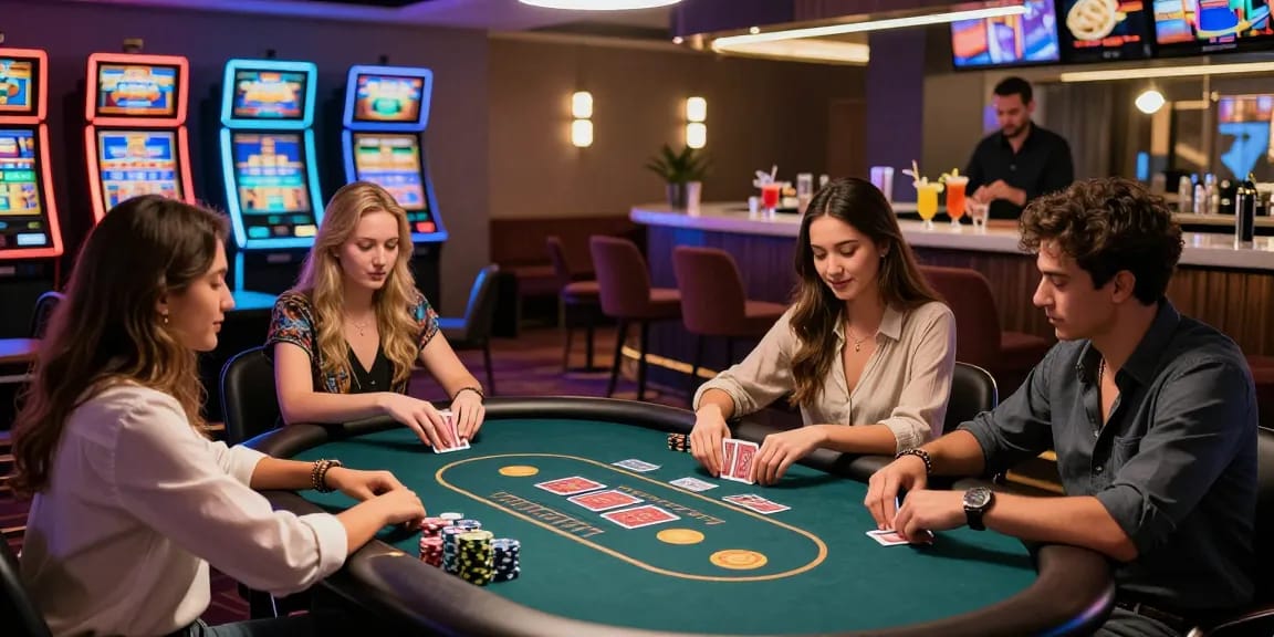 Friends enjoying a lucky77 game night in a vibrant casino lounge.