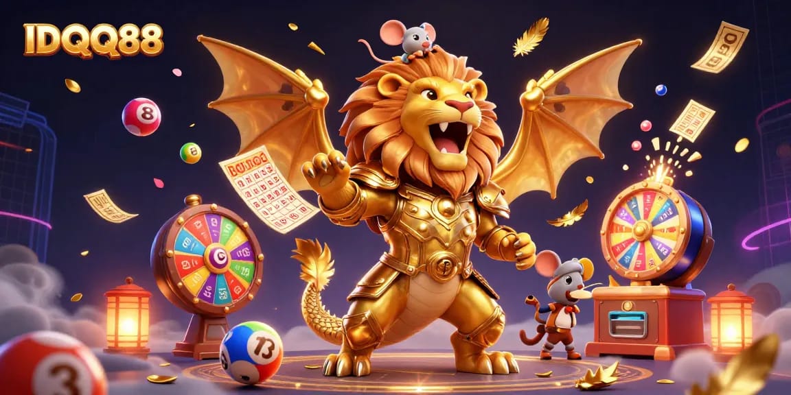 IDQQ88 transforms gaming with a golden chimera and vibrant lottery elements enhancing player experience.