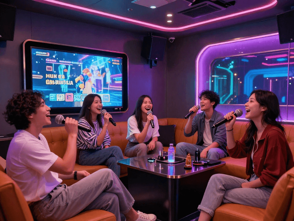 강남가라오케에서 현대적인 인테리어의 프리미엄 노래방에서 친구들이 즐겁게 노래하는 모습