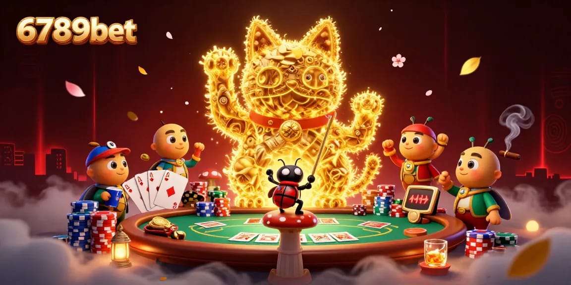 Play exciting games at 6789bet with a colorful lucky cat and vibrant poker elements.