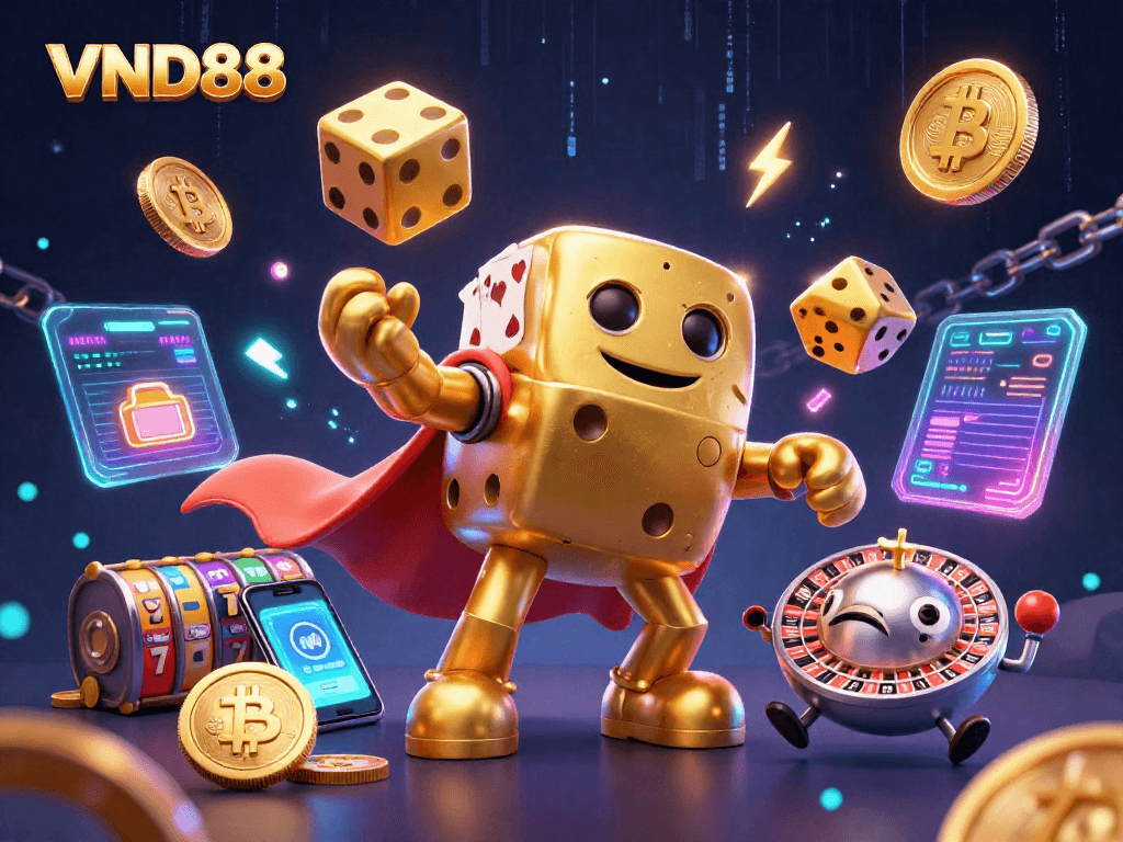 VND88 showcases a vibrant 3D casino scene with golden dice, Bitcoin, and slot reels.