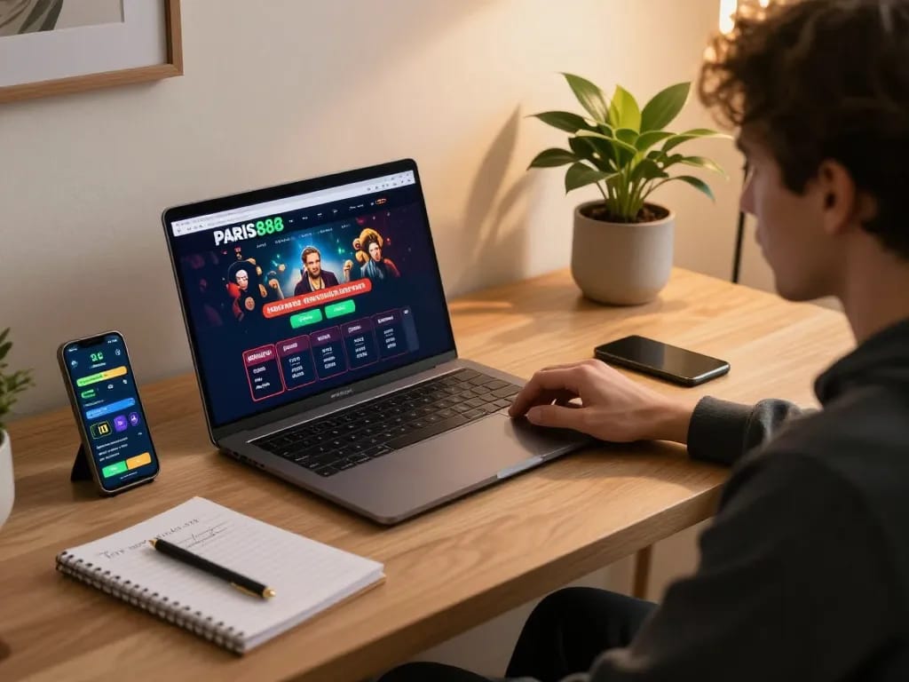 Terlibat dalam permainan online di paris888 dengan laptop dan smartphone, menampilkan permainan strategis.