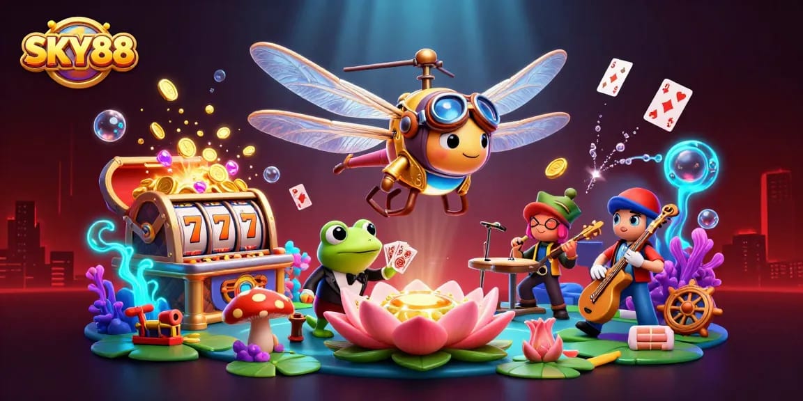 SKY88 carnival-style casino illustration featuring vibrant characters and game elements