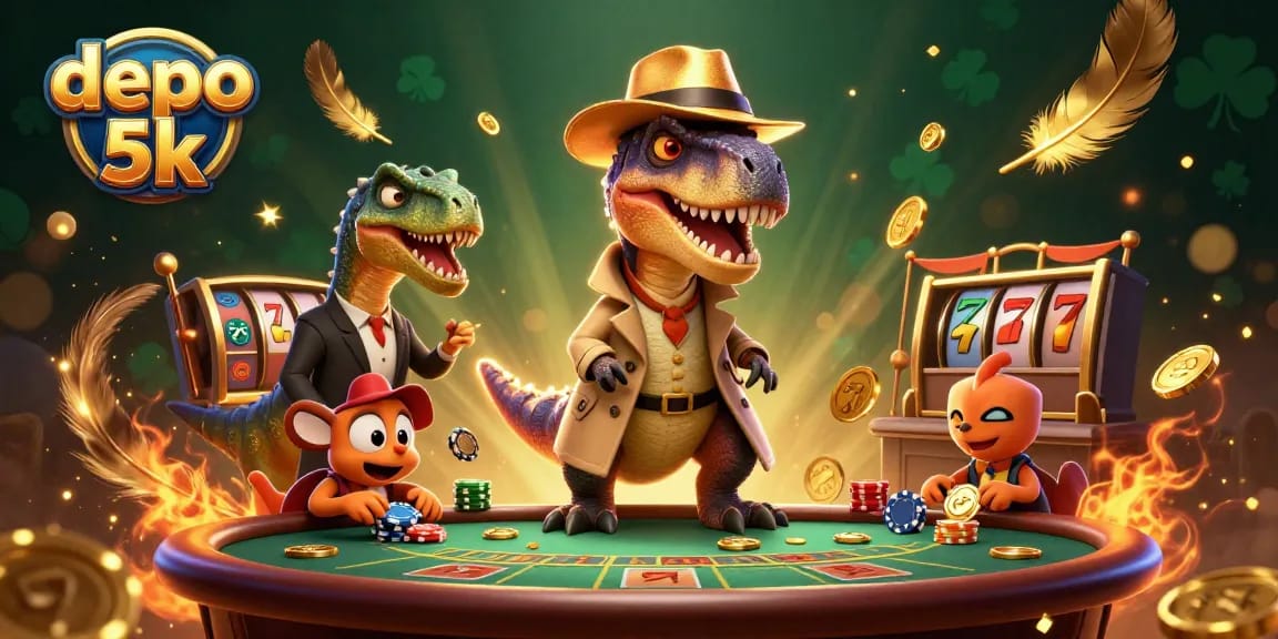 Engage in thrilling gameplay with depo 5k bonus and cartoon velociraptor action at a dynamic blackjack table.
