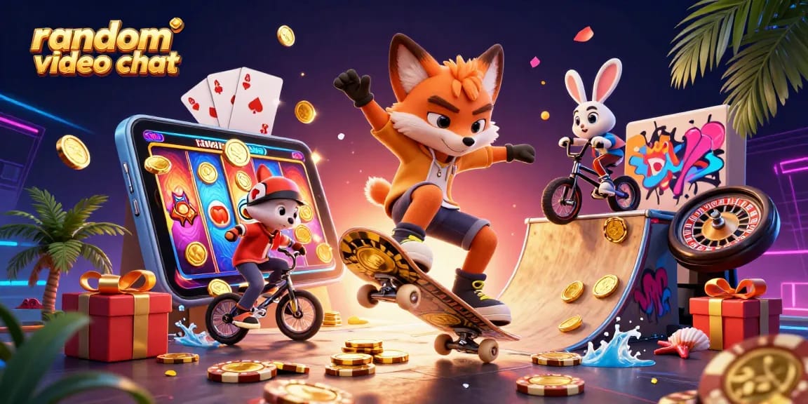 Engage in random video chat with vibrant casino-themed characters showcasing exciting interactions.