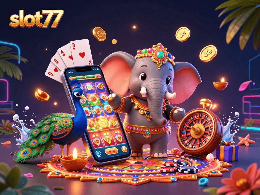Experience engaging slot77 gameplay with a vibrant 3D casino scene featuring colorful elements and characters.