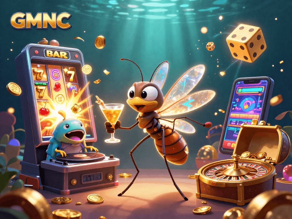 Experience GMNC's thrilling casino adventure with animated characters and vibrant game elements.