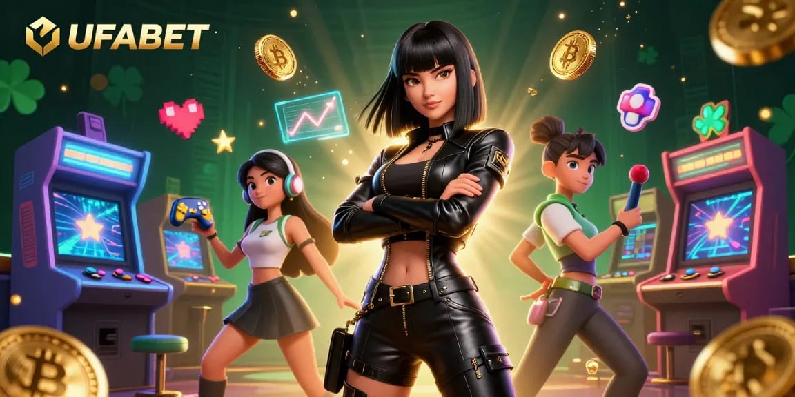 Bet on UFABET in a vibrant, action-filled 3D casino scene showcasing various gaming elements.
