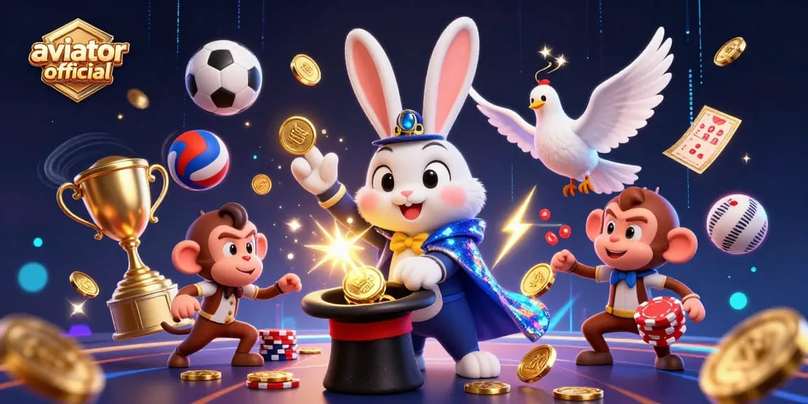 Win big with aviator official as the magician rabbit conjures golden coins amidst thrilling casino elements!