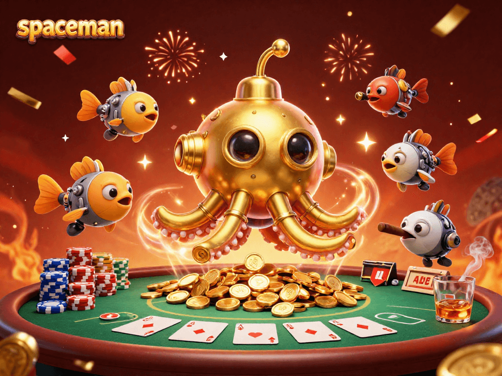 Play exciting spaceman slot as the golden kraken submarine surfaces through coins in a thrilling casino scene.