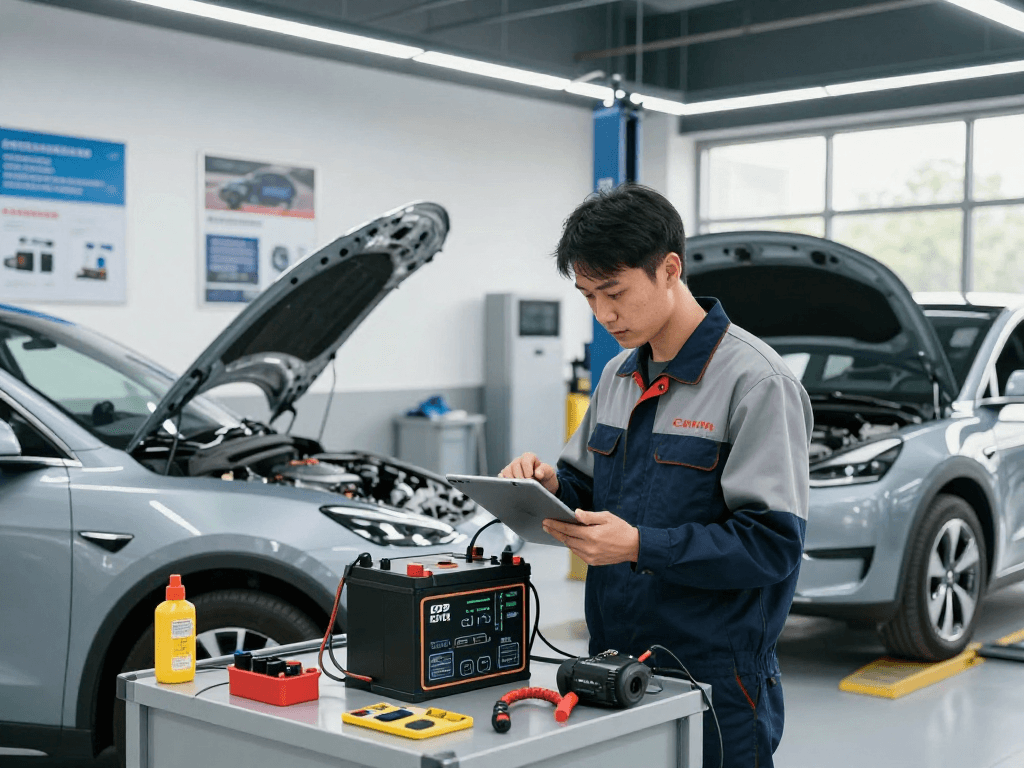Technician analyzing an EPB Battery in a professional automotive workshop