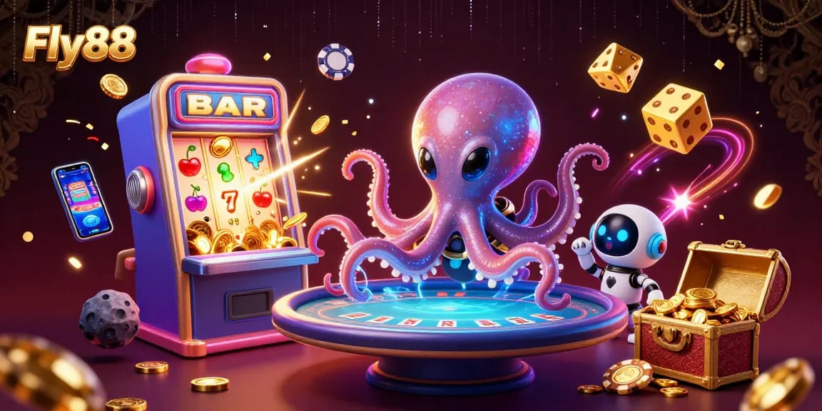 Experience thrilling gameplay at Fly88 with a vibrant alien octopus mastering holographic poker and jackpots.