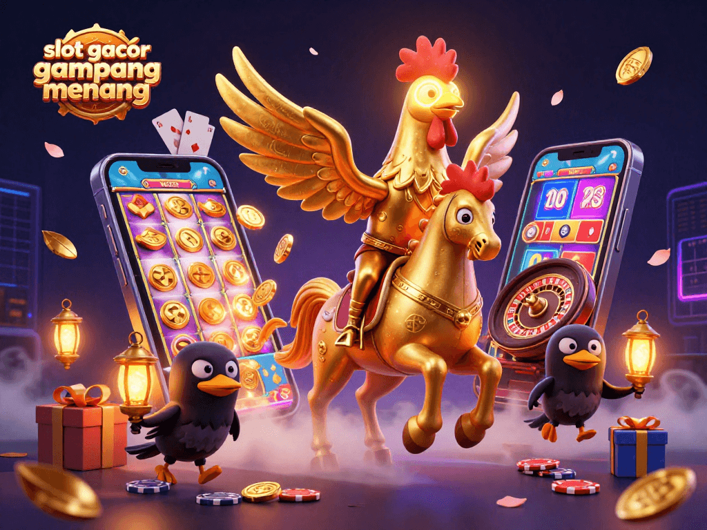 Spin to win with slot gacor gampang menang in a magical casino setting, featuring a golden rooster character.