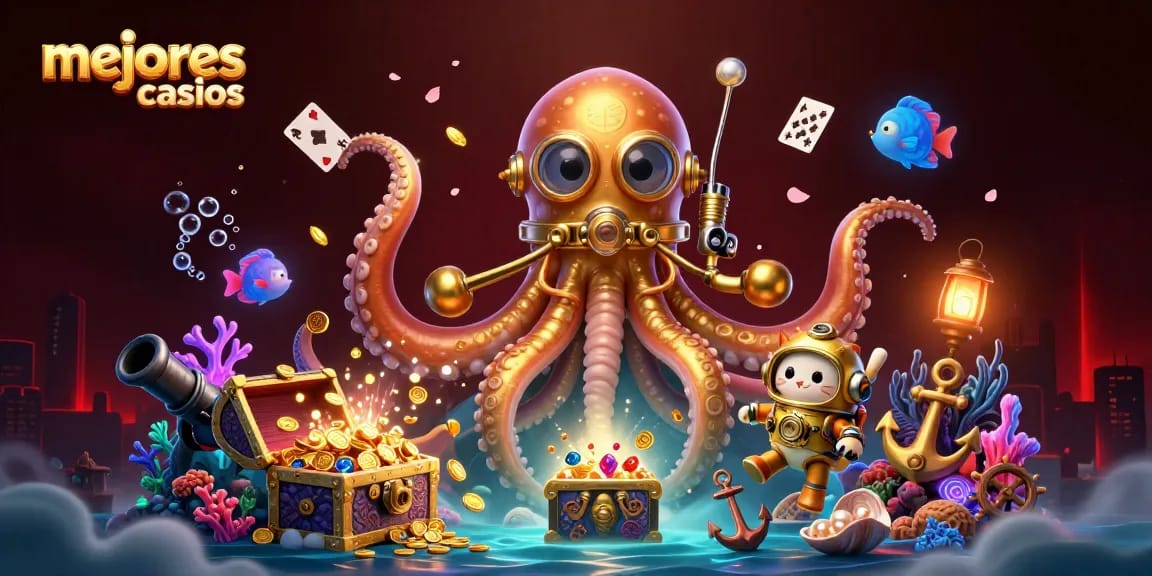 Disfruta de los mejores casinos con una escena atrapante de un kraken y un gato buzo en juego.