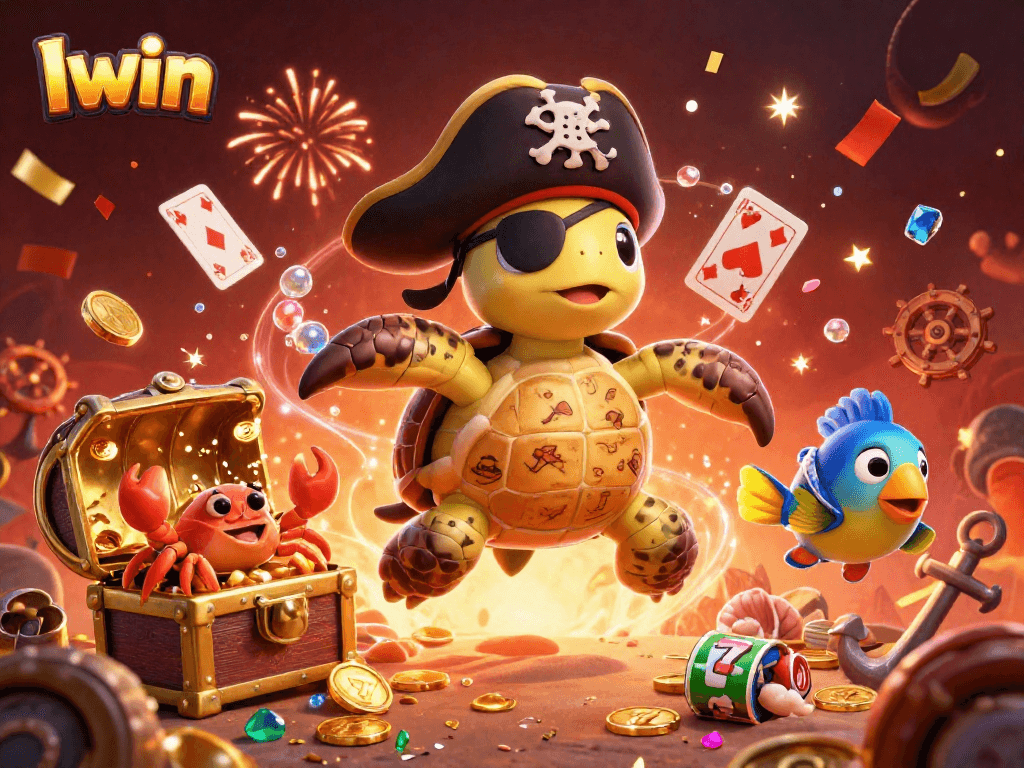 Iwin pirates explore vibrant treasure-filled underwater casino scene with slots and cards.