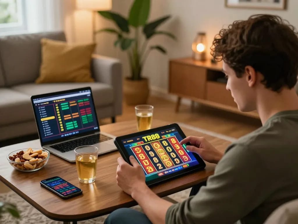 Player enjoying TR88 online slots gameplay at home, showcasing excitement and comfort.