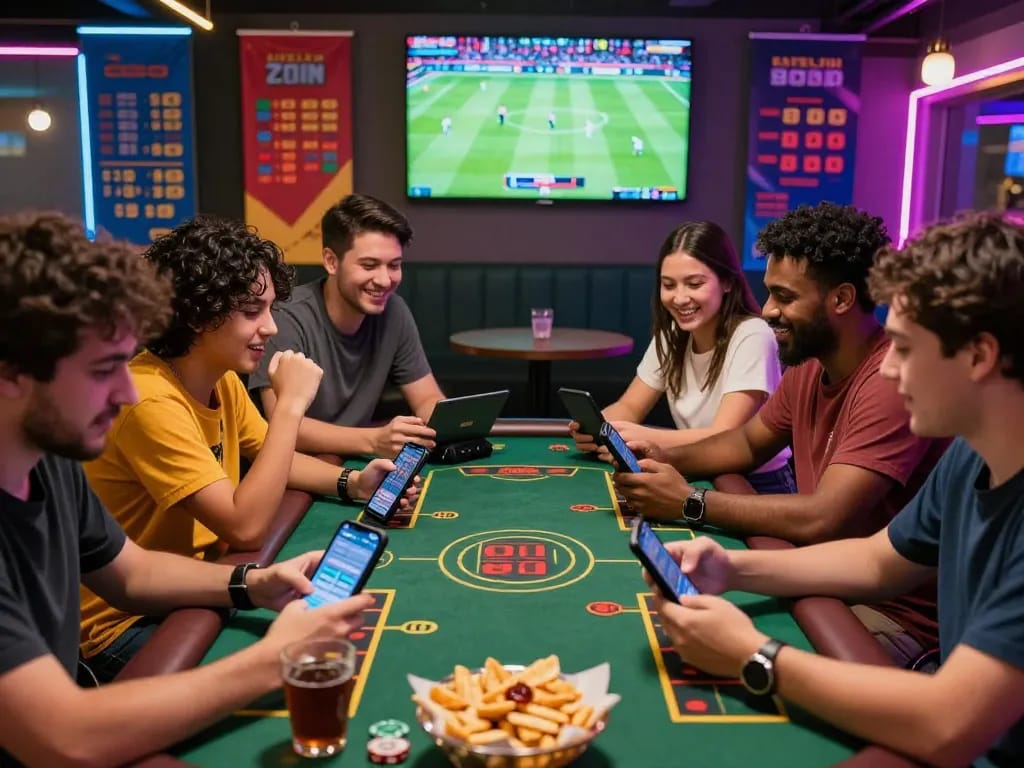 Sahabat menikmati pengalaman taruhan judi bola online di lounge yang cerah