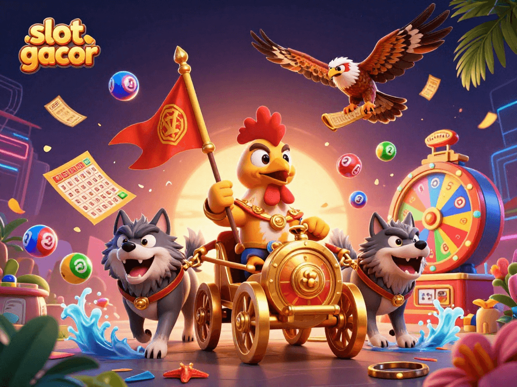 Experience slot gacor excitement with a dynamic scene featuring a cartoon rooster general amid vibrant casino elements.