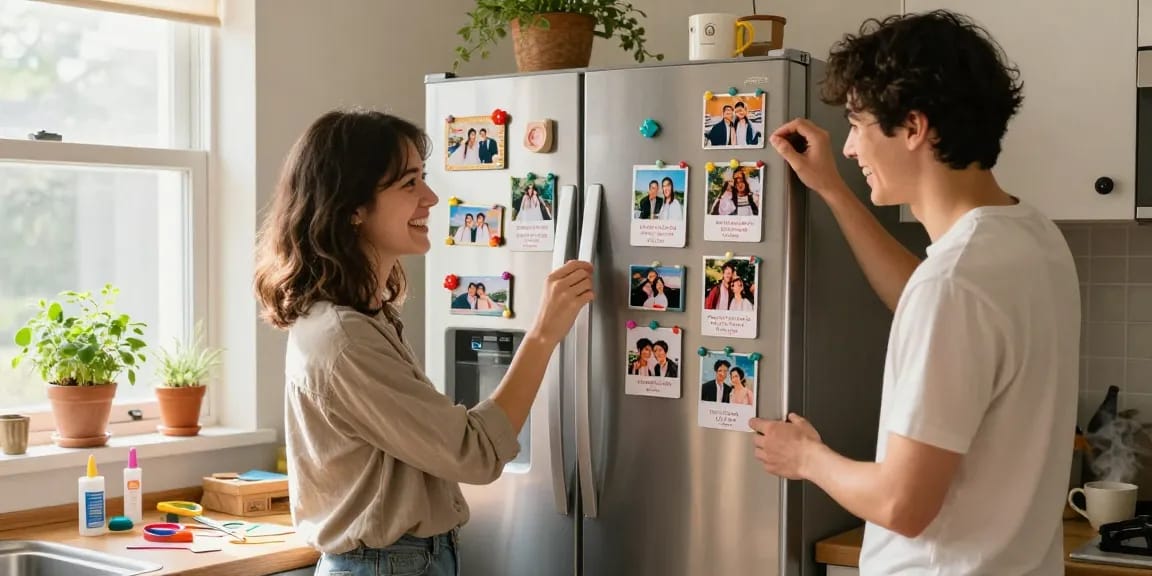 Fridge magnets showcasing family memories and wedding save-the-dates in a bright kitchen.