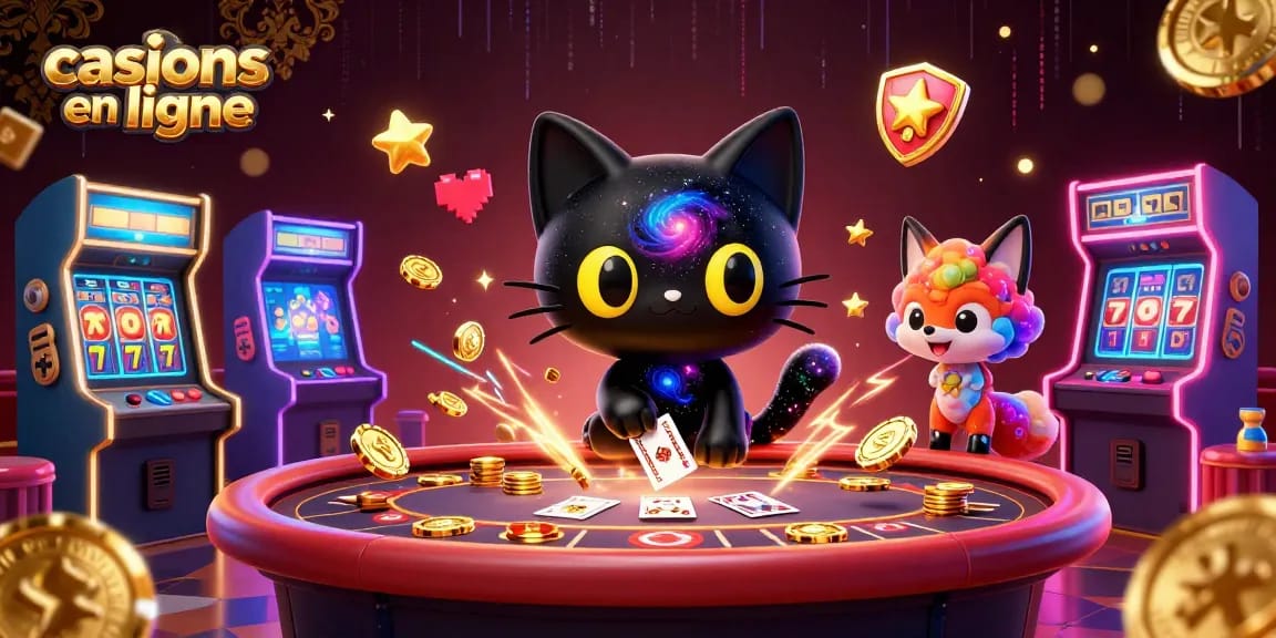 Découvrez les casinos en ligne avec un chat noir cosmique et un renard nébuleux attirant des jetons d'or.