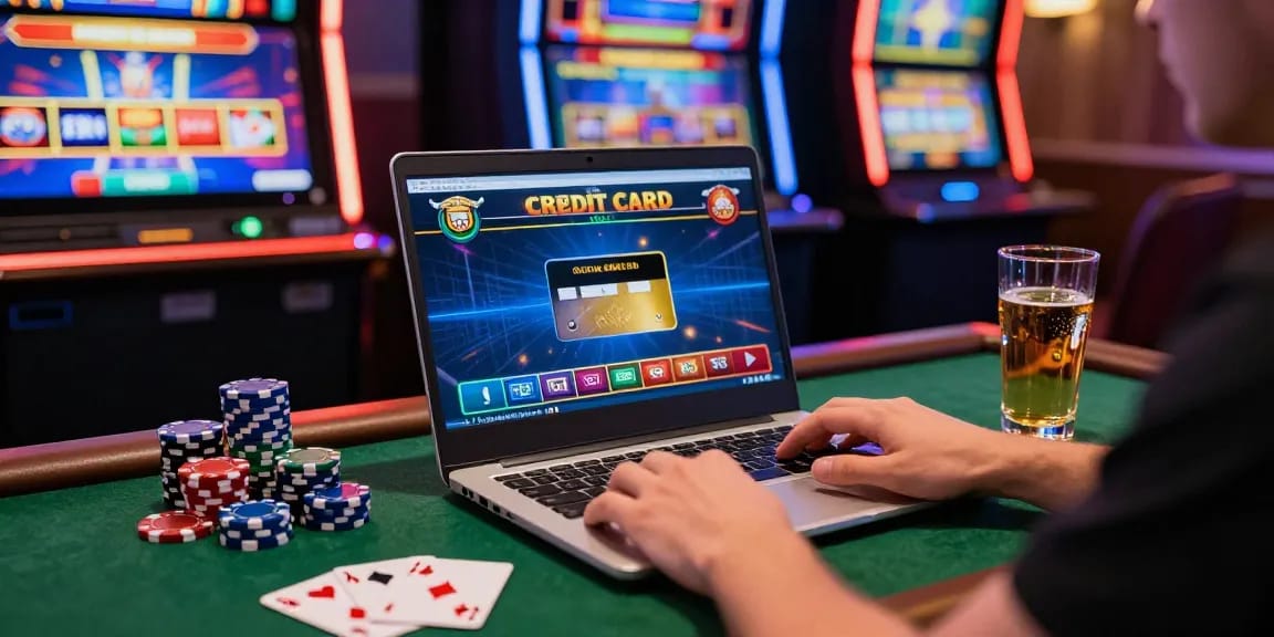 Excited player exploring credit card casinos UK on laptop, poker chips, and vibrant gaming graphics highlighted.