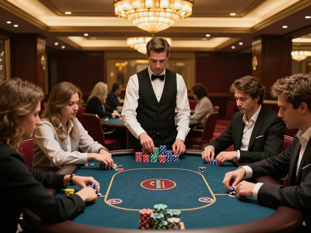 8kbet players in an upscale casino strategizing at a poker table, intense gameplay moment captured vividly