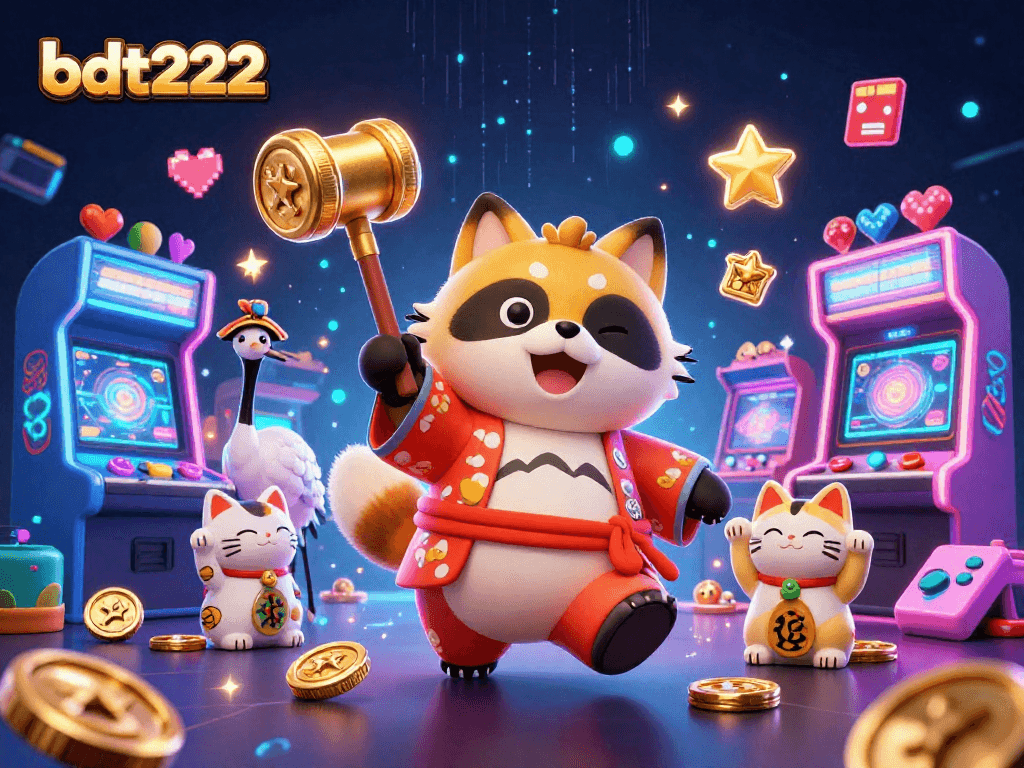 Experience gaming excitement with bdt222 in a vibrant 3D casino scene featuring cartoon characters and arcade fun.