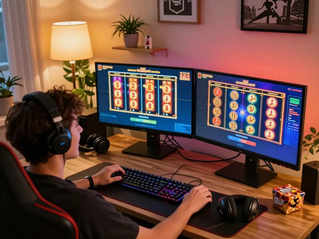 Engaging online slot gameplay with colorful reels on a vibrant setup, emphasizing at-home entertainment