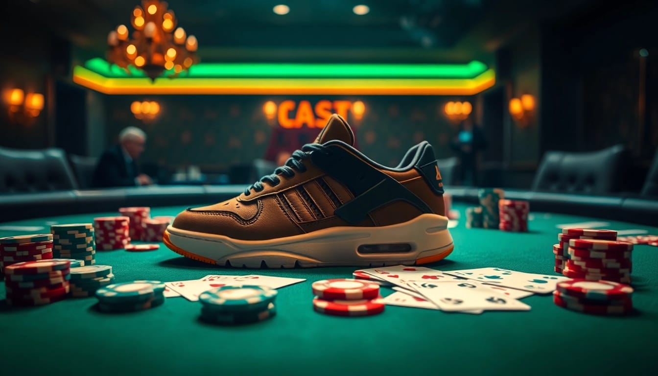 Kenakan reusenation.com/products/adidas-adiprene-sneakers-mens-11-p-6 saat bermain poker di meja, dikelilingi chip berwarna-warni.