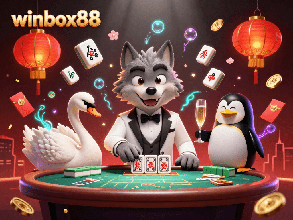 Experience winbox88's vibrant online casino atmosphere with captivating characters and festive elements.