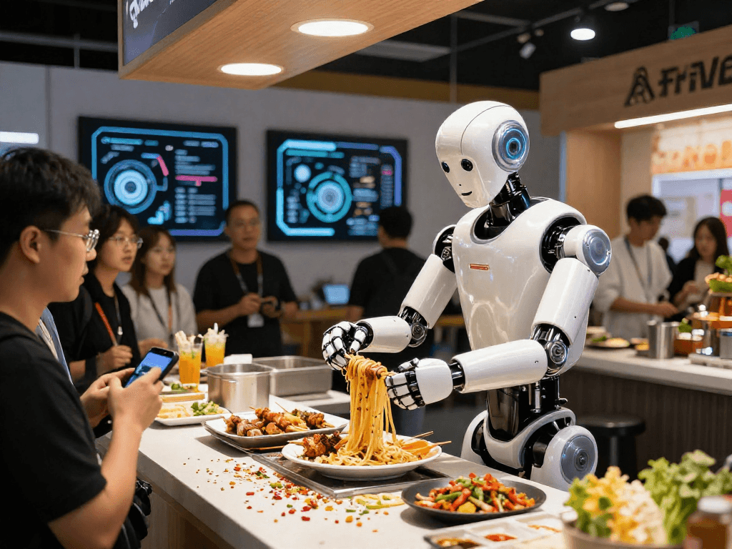 Robot 24 showcases humanoid robot preparing kebabs and noodles at WAIC.