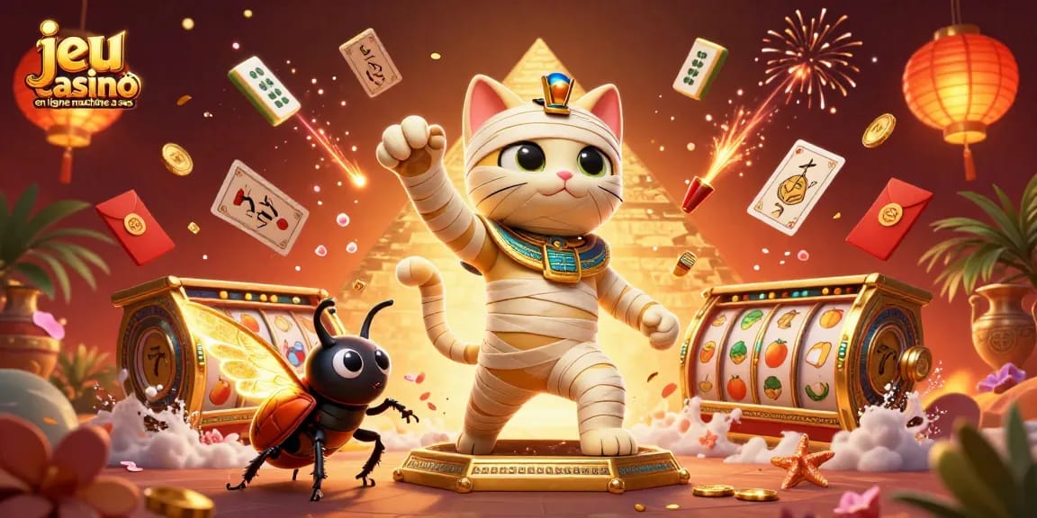 Profitez du jeu de casino en ligne machine à sous avec une illustration dynamique de machines à sous entourées de symboles dorés et colorés.